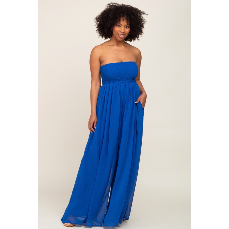 Royal Blue Smocked Strapless Wide Leg Jumpsuit