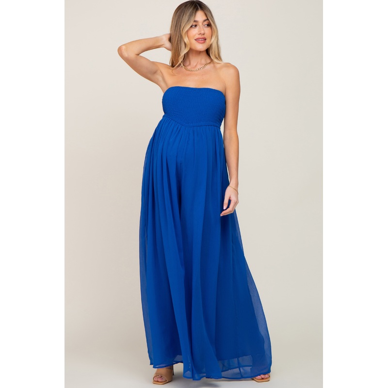 Royal Blue Smocked Strapless Wide Leg Maternity Jumpsuit