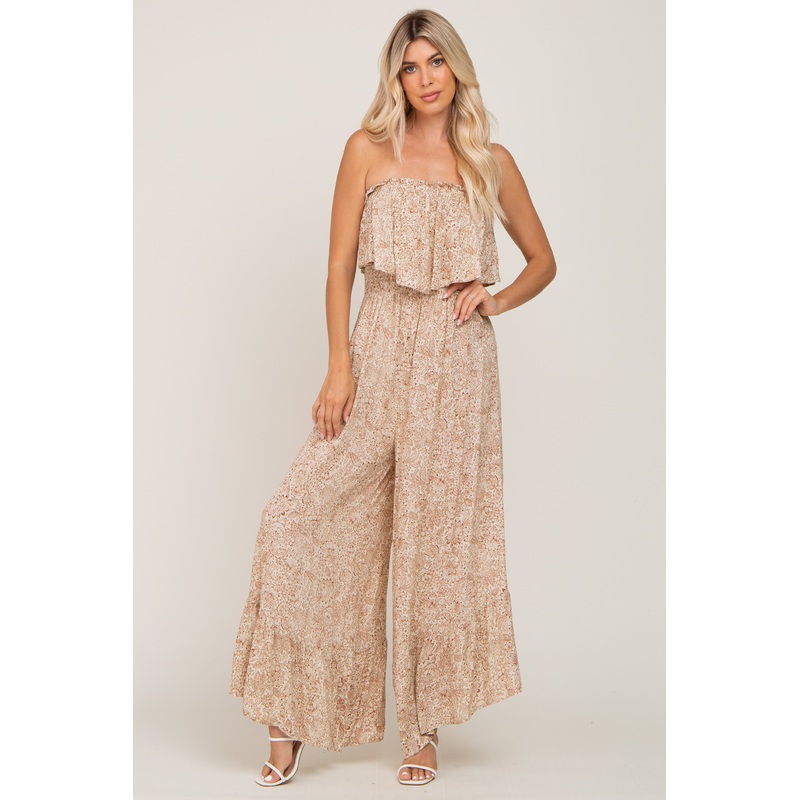 Taupe Floral Sleeveless Wide Leg Jumpsuit