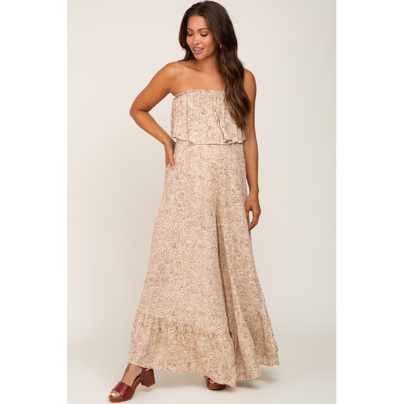 Taupe Floral Sleeveless Wide Leg Maternity Jumpsuit