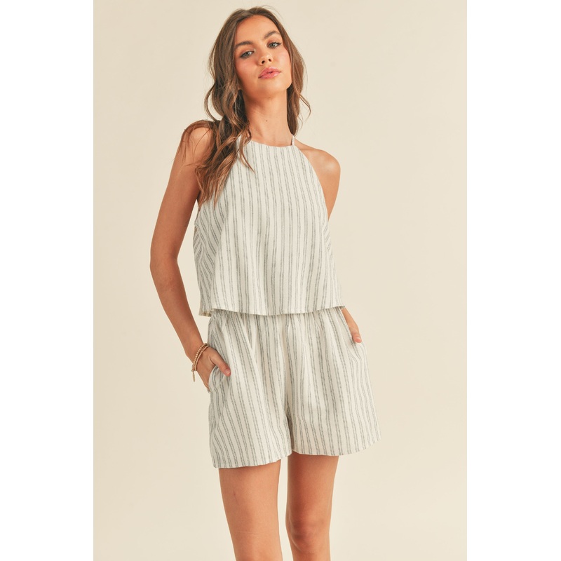 White Striped Pattern Top Overlap Romper