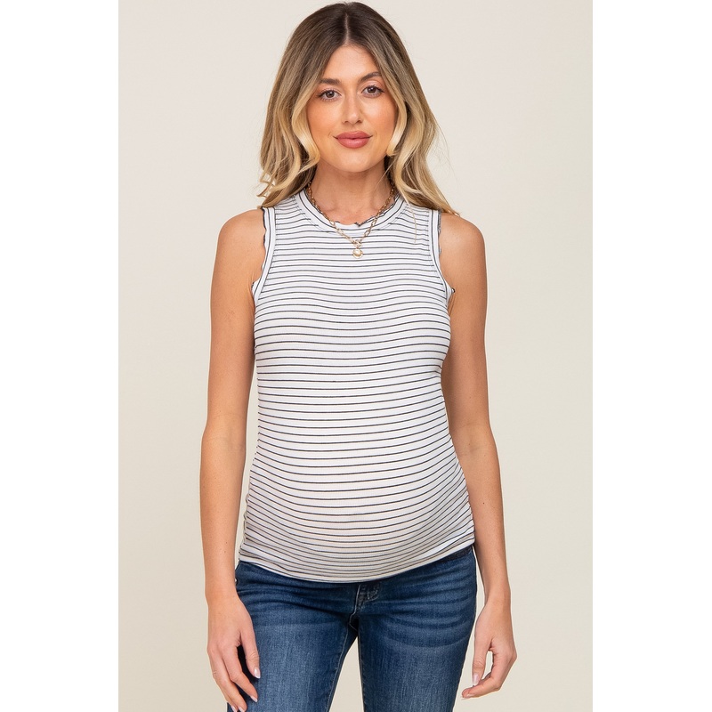 White Striped Ruffle Trim Maternity Sleeveless Top