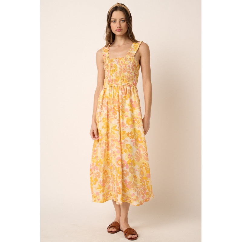 Yellow Flower Print Smocking Detail Midi Dress
