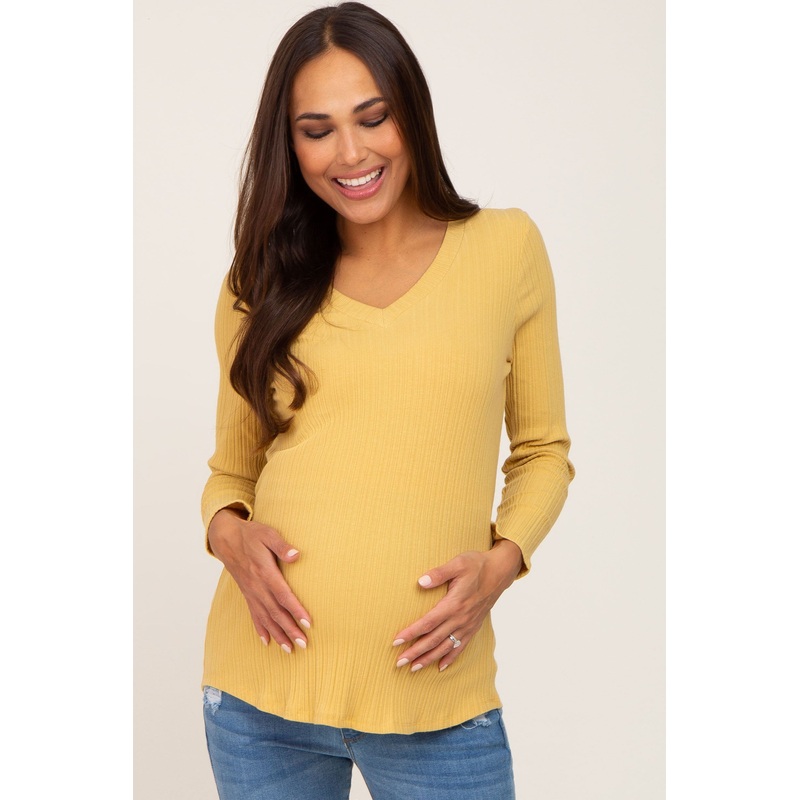 Yellow Ribbed V-Neck Long Sleeve Maternity Top