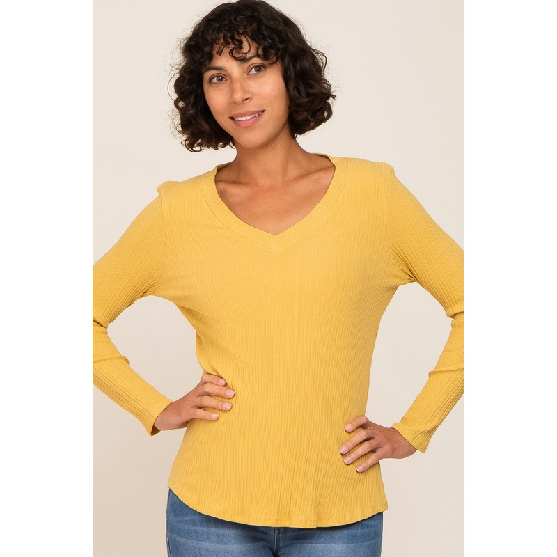 Yellow Ribbed V-Neck Long Sleeve Top