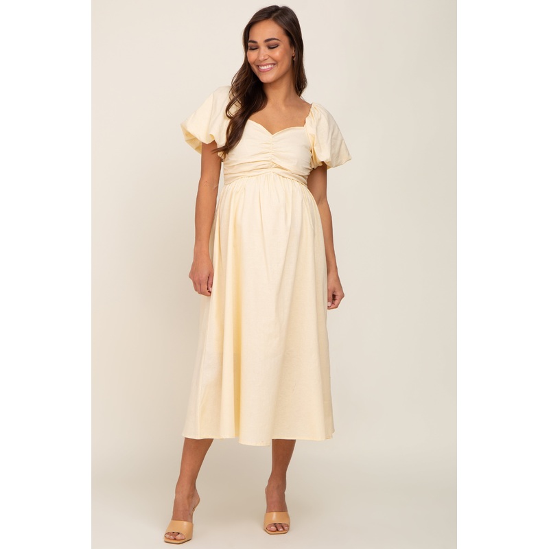 Yellow Sweetheart Neck Puff Sleeve Linen Maternity Midi Dress