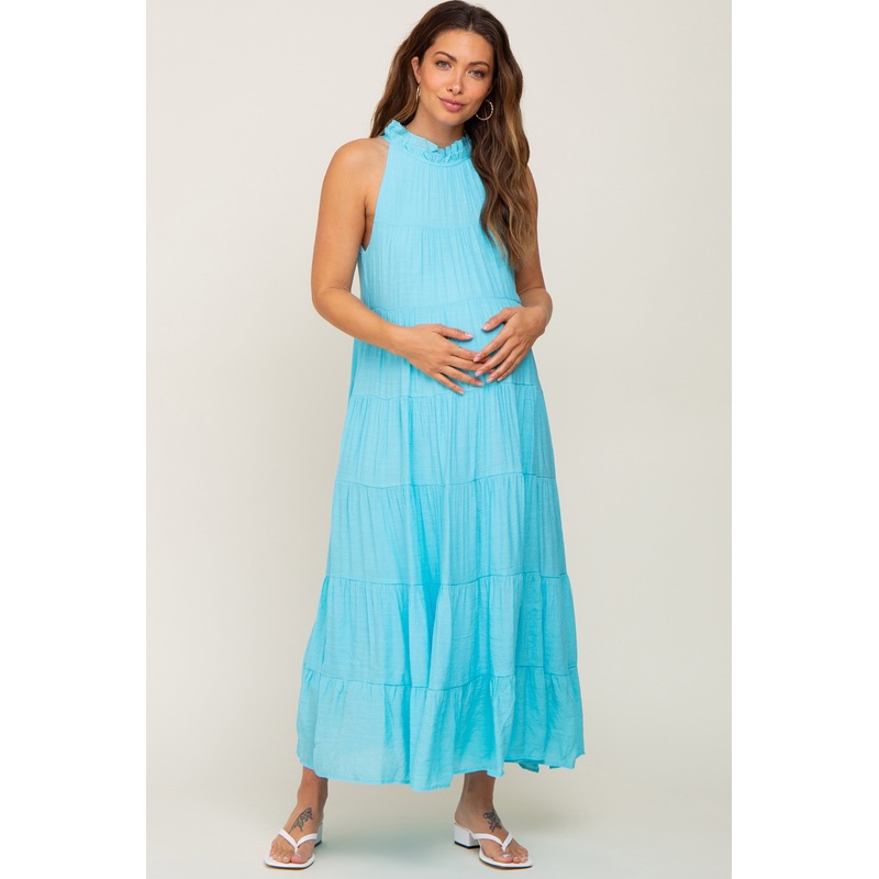 Aqua Tiered High Neck Maternity Maxi Dress