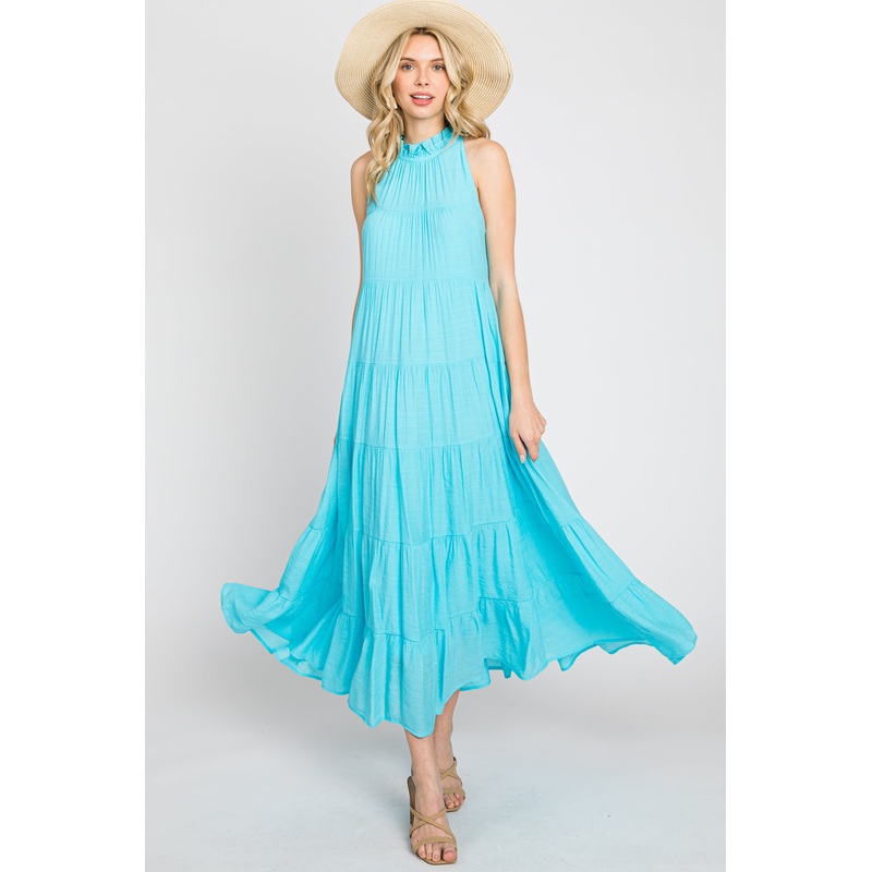 Aqua Tiered High Neck Maxi Dress