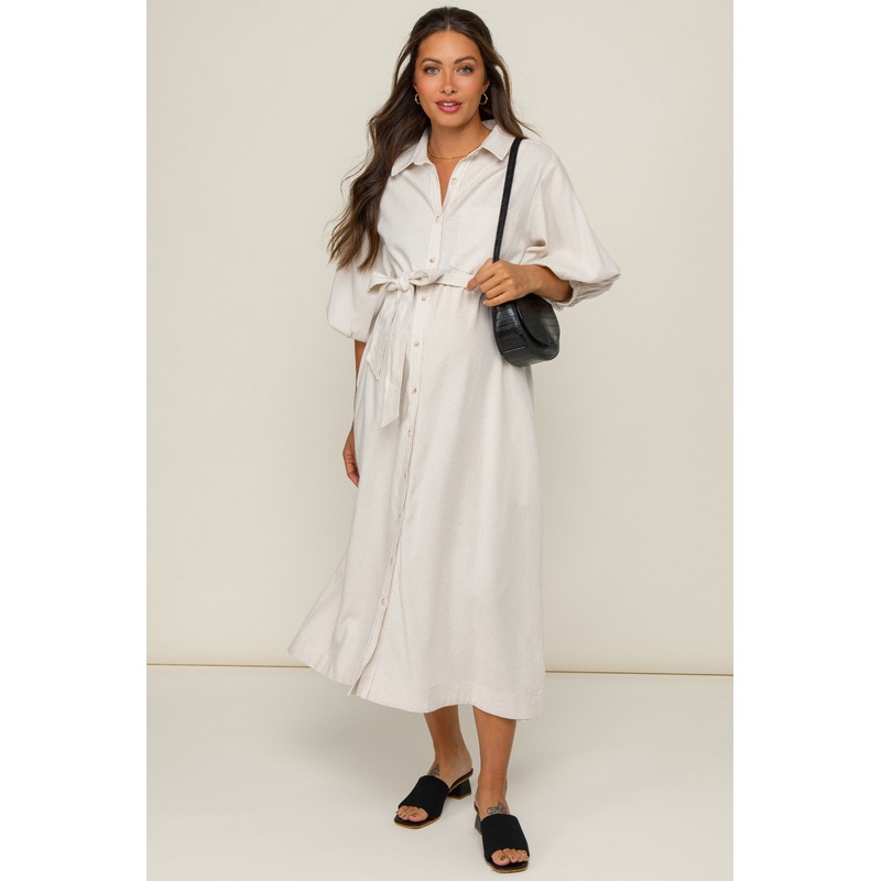Beige 3/4 Bubble Sleeve Maternity Midi Shirt Dress
