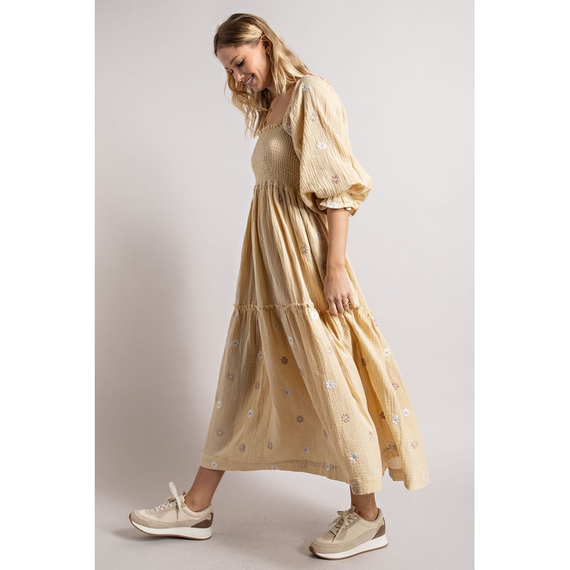 Beige Gauze Embroidery Smocking Tiered Gradient  Dress