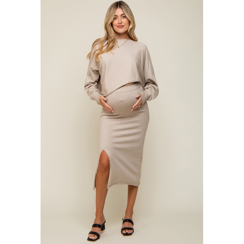 Beige Knit Long Sleeve Crop Top Maternity Midi Skirt Set