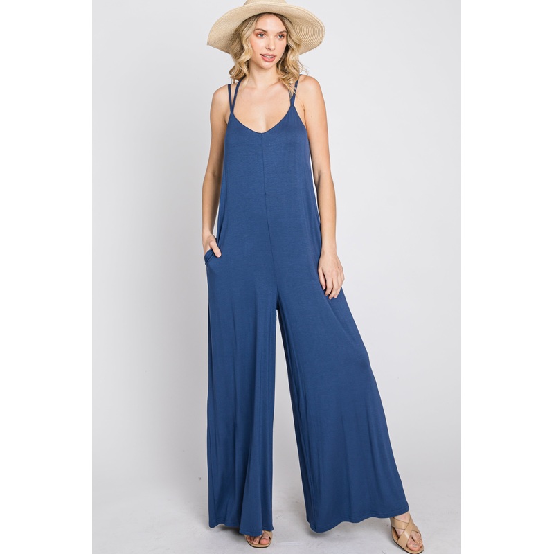 Blue Cross Back Wide Leg Jumpsuit