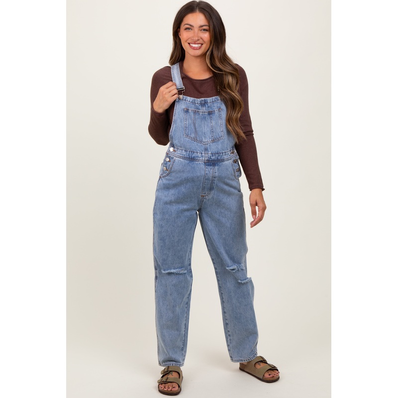 Blue Distressed Denim Maternity Overalls