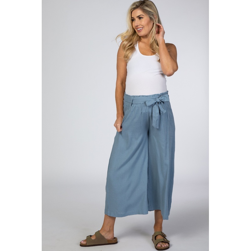 Blue Linen Waist Tie Crop Wide Leg Maternity Pants
