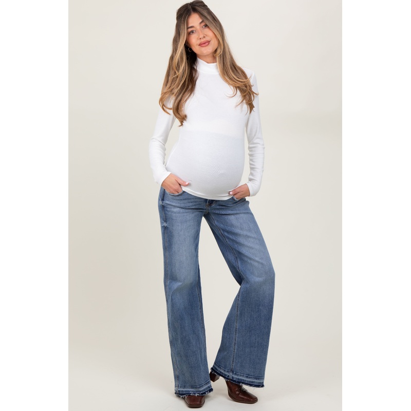 Blue Vintage Wash Extra Wide Leg Released Hem Maternity Jeans