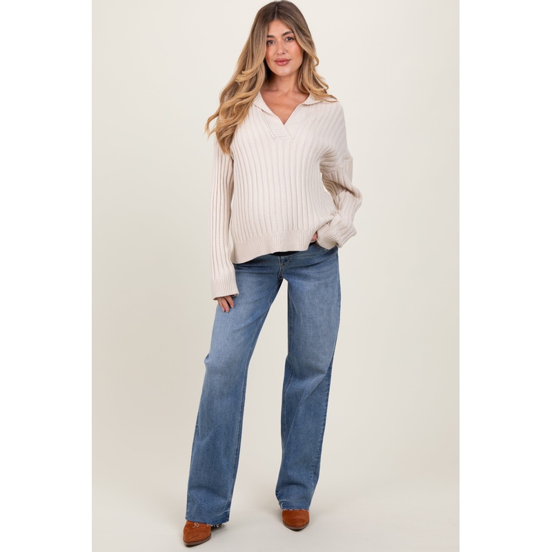 Blue Vintage Wash Raw Hem Wide Leg Maternity Jeans