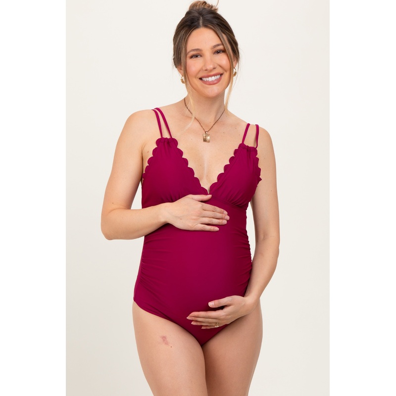 Burgundy Scalloped V-Neck Back Tie Cutout Maternity One Piece Swimsuit
