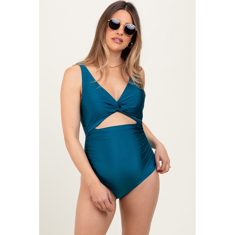 Teal Ruched Sides Front Cutout Maternity One Piece Swimsuit