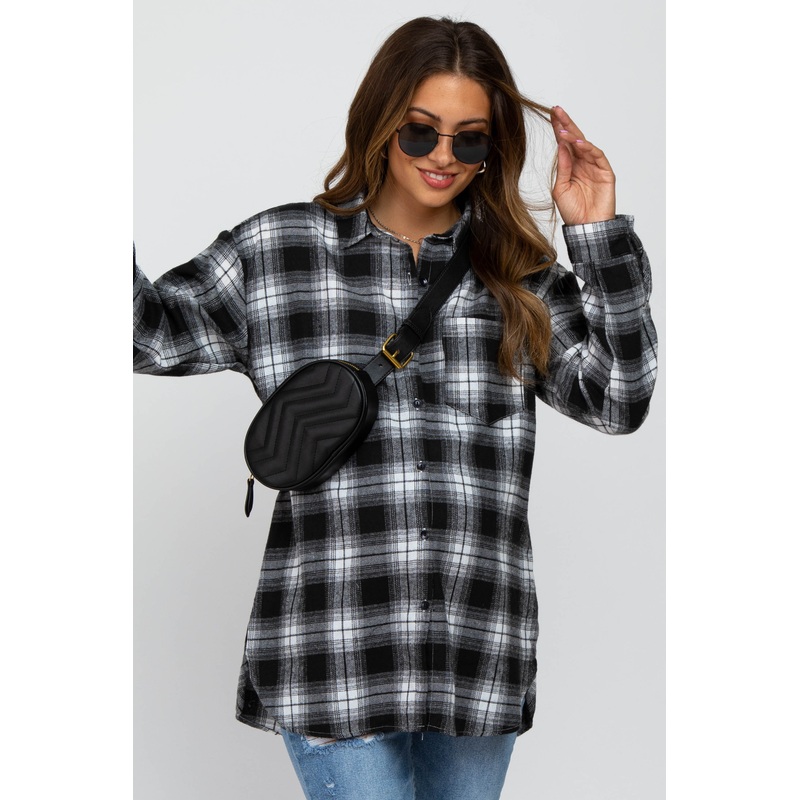 White Black Plaid Button Down Maternity Top