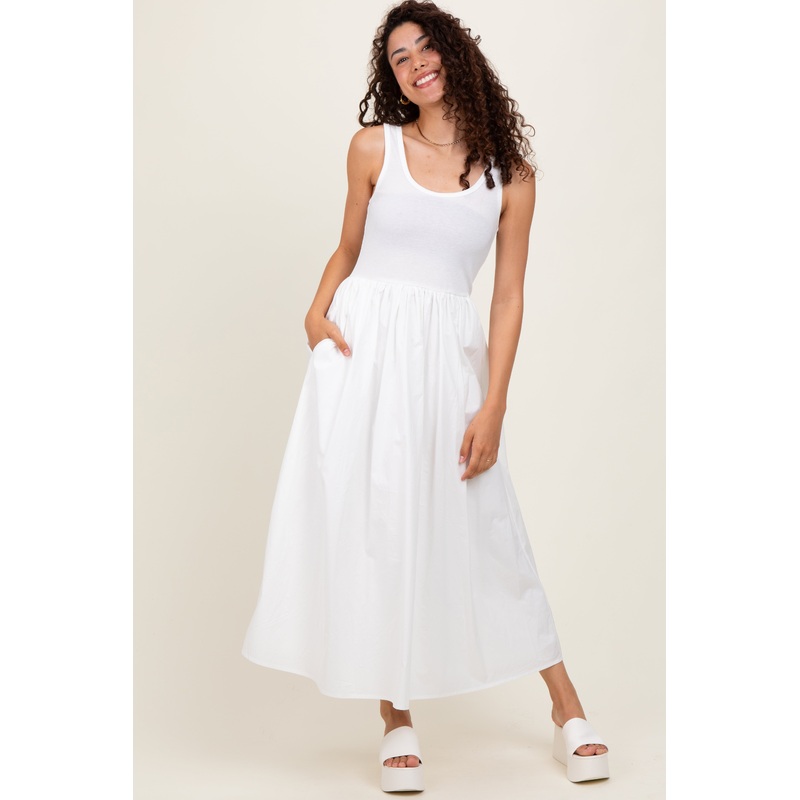 White Scoop Neck Contrast Skirt Maxi Dress