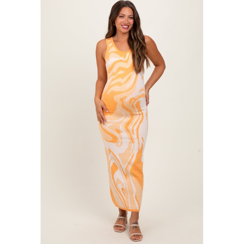 Yellow Abstract Print Knit Fitted Maternity Midi Dress