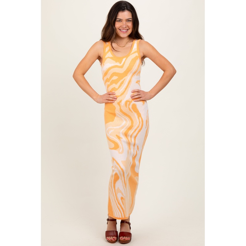 Yellow Abstract Print Knit Fitted Midi Dress