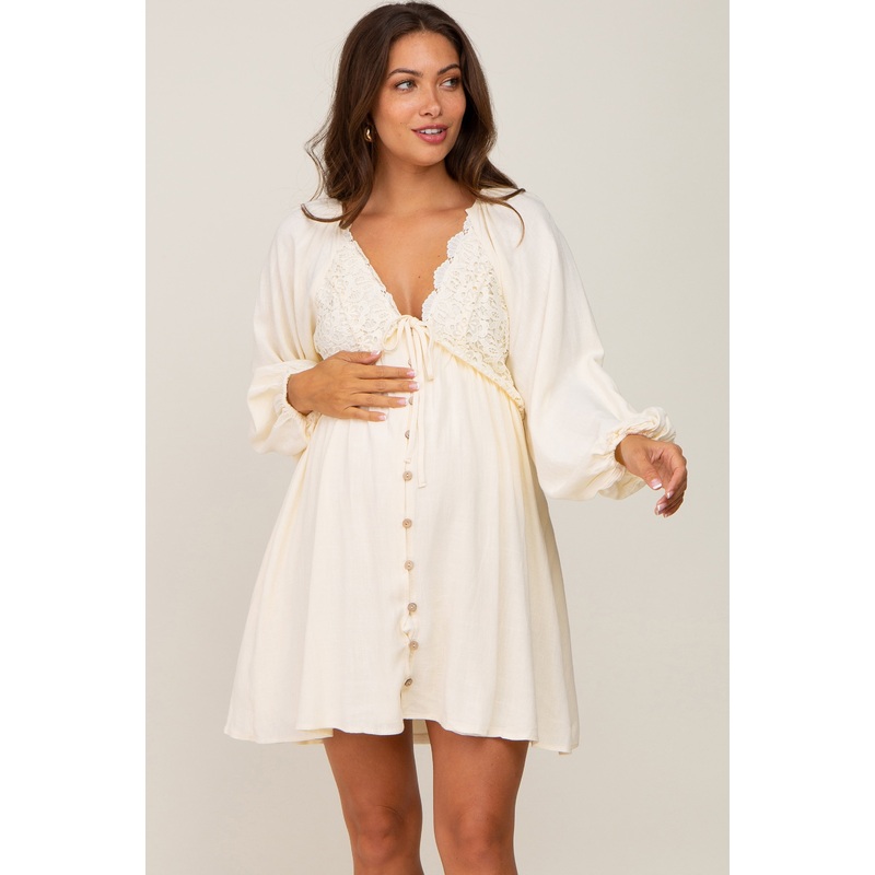 Beige Crochet Lace Button Front Maternity Dress