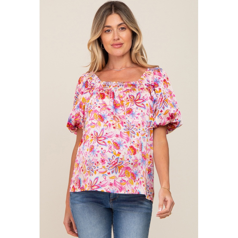 Beige Floral Satin Smocked Accent Maternity Blouse