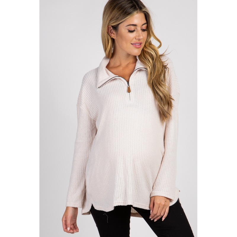 Beige Half Zipper Knit Maternity Sweater