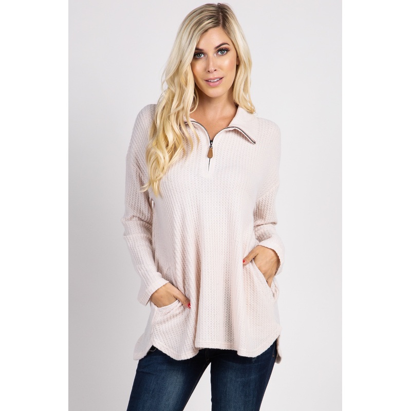 Beige Half Zipper Knit Sweater