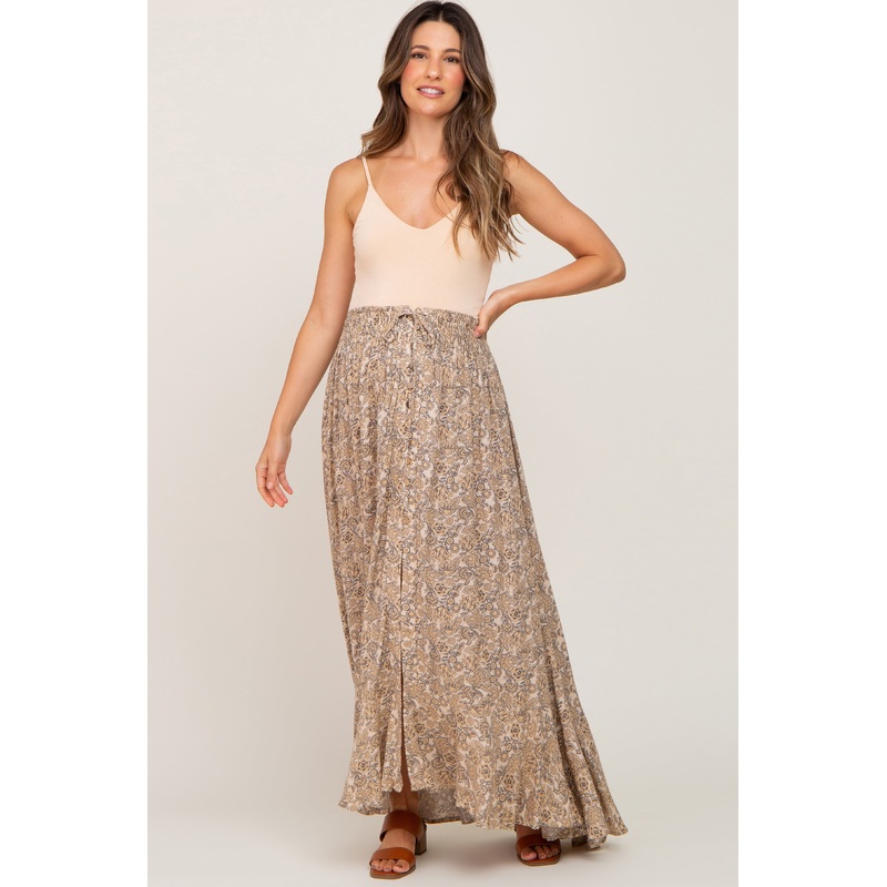 Beige Printed Button Front Hi-Lo Maternity Maxi Skirt
