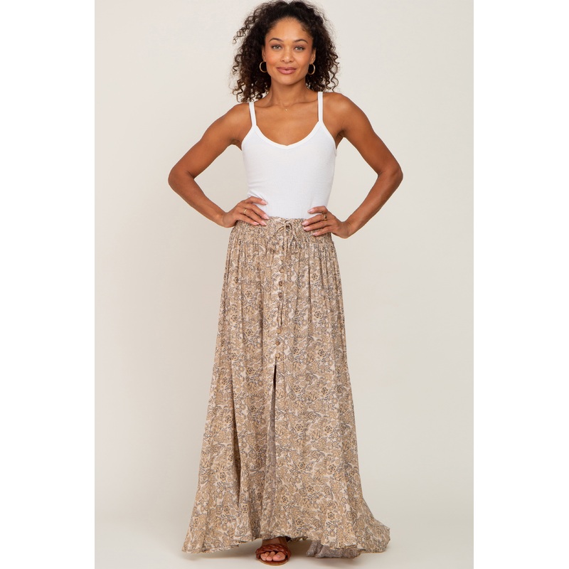 Beige Printed Button Front Hi-Lo Maxi Skirt