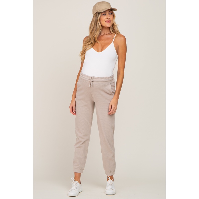 Beige Ribbed Drawstring Maternity Joggers