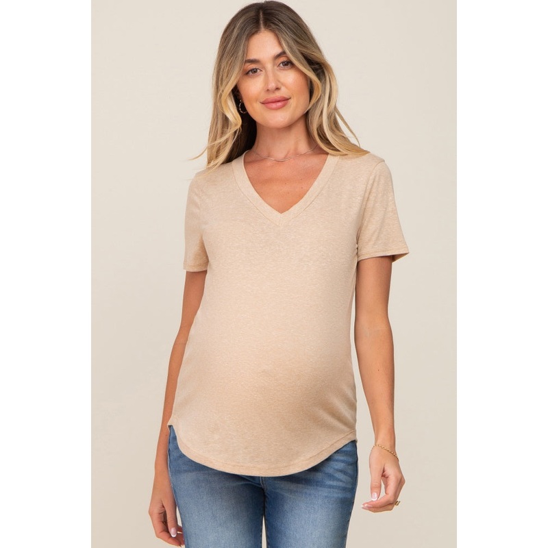 Beige V-Neck Short Sleeve Maternity Tee