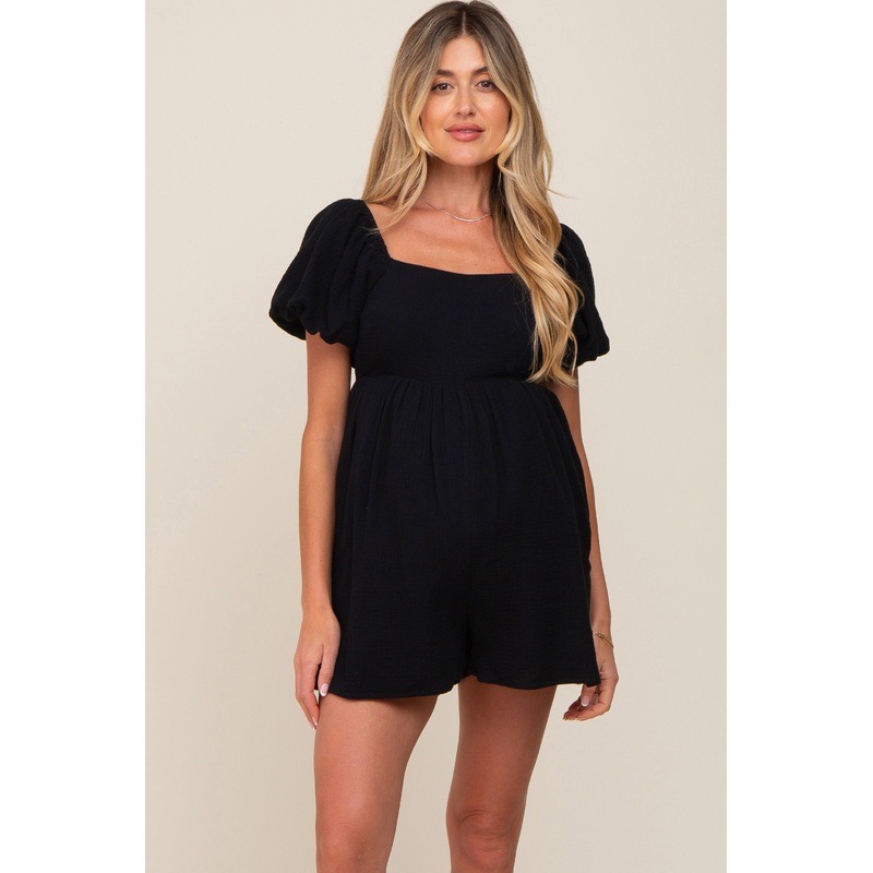 Black Puff Sleeve Maternity Romper