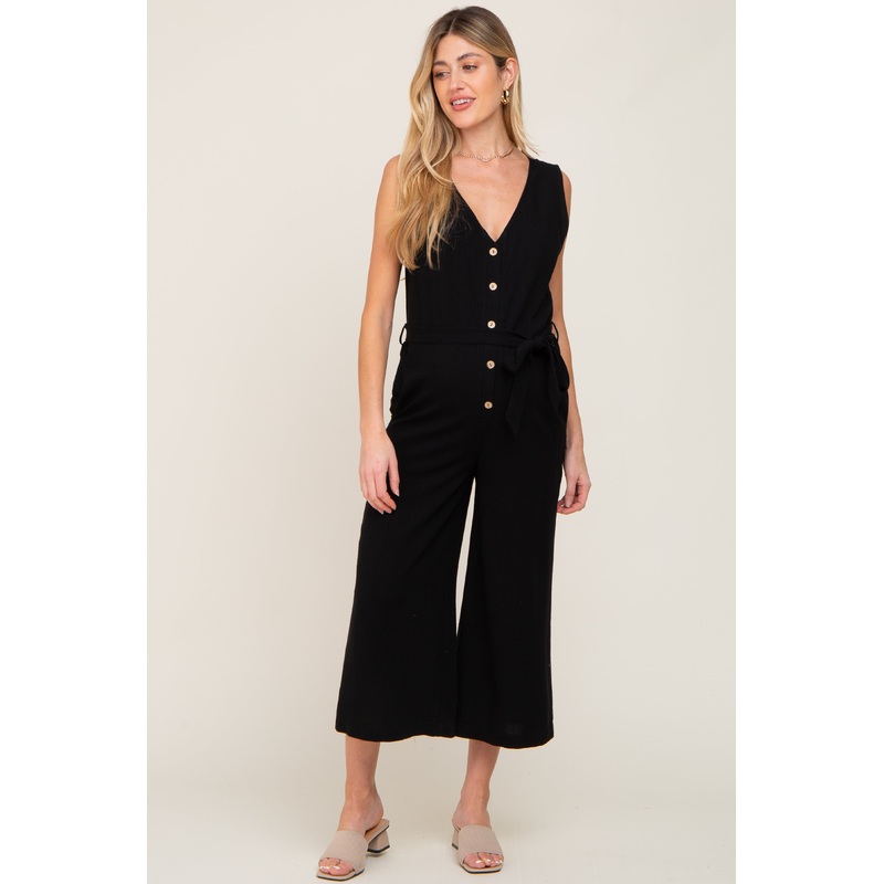 Black Sleeveless Button Front Maternity Cropped Jumpsuit