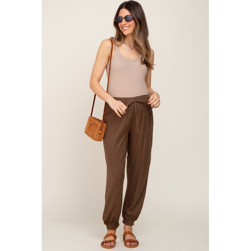 Brown Drawstring Accent Maternity Joggers
