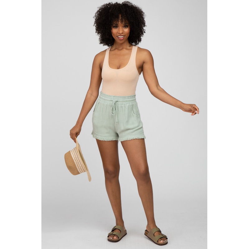Light Olive Linen Fringe Hem Drawstring Shorts