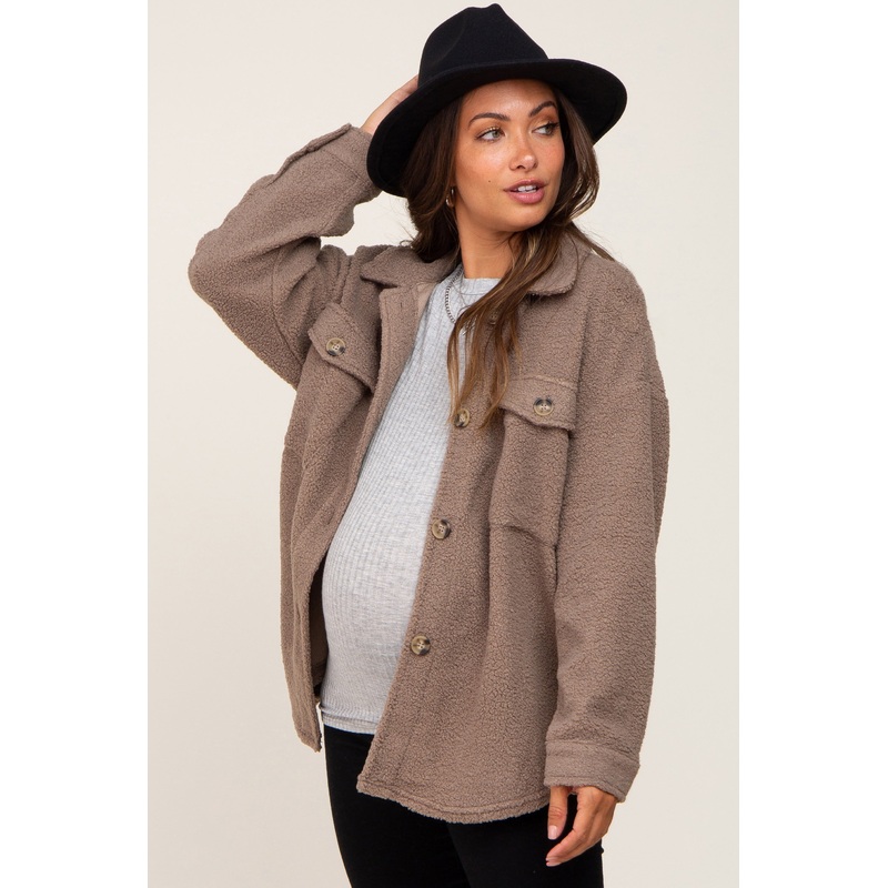 Taupe Fleece Maternity Shirt Jacket