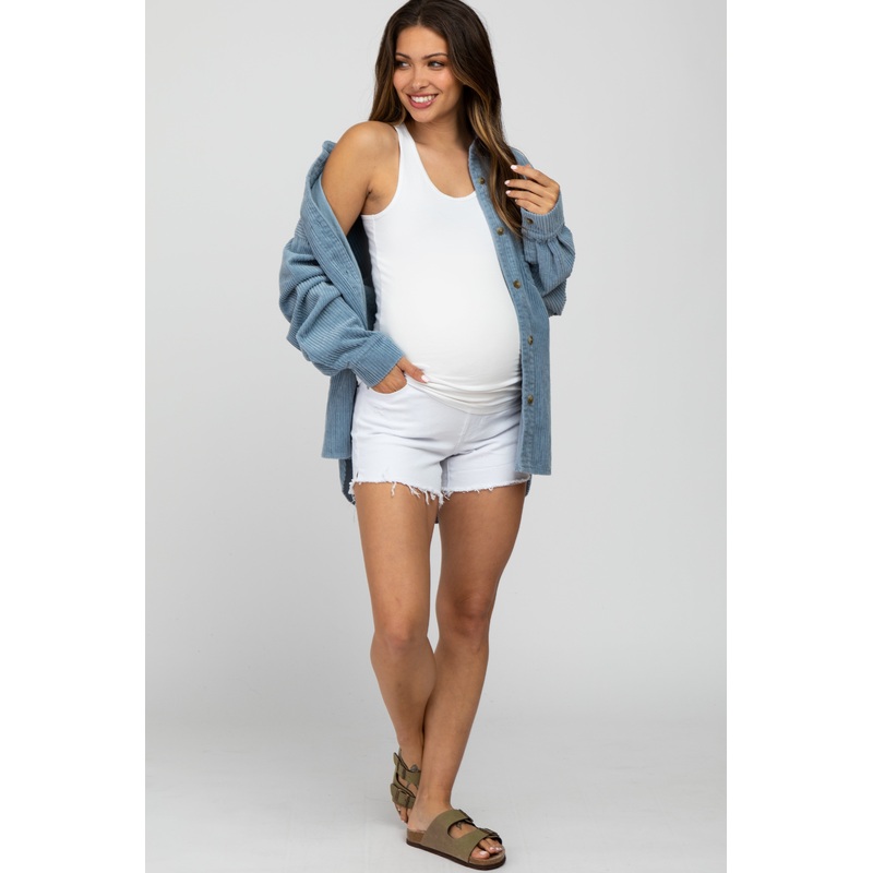 White Distressed Fringe Hem Maternity Jean Shorts