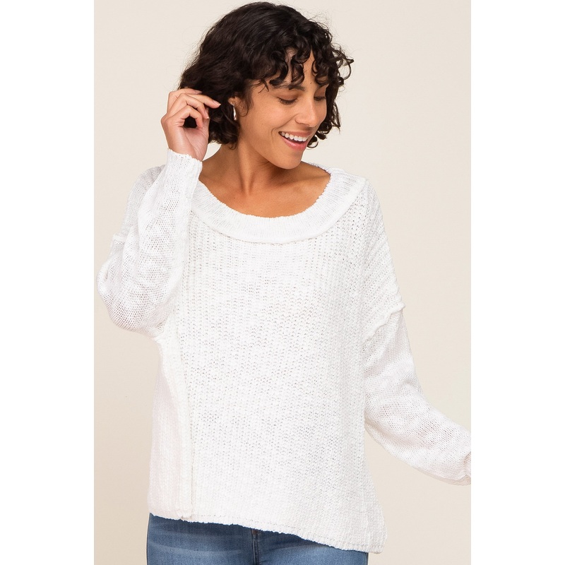 White Open Knit Drop Shoulder Sweater