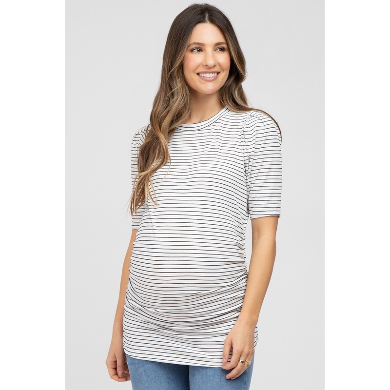 White Striped Puff Sleeve Maternity Fitted Top