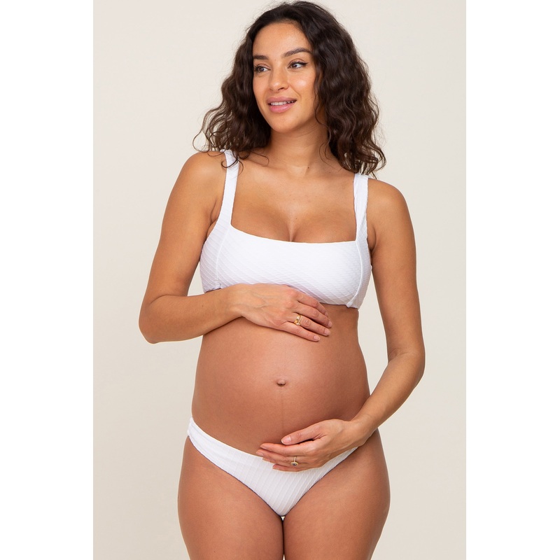 White Textured Square Neck Two-Piece Maternity Bikini Set