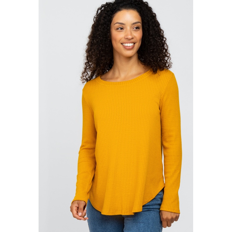 Yellow Basic Waffle Knit Long Sleeve Top