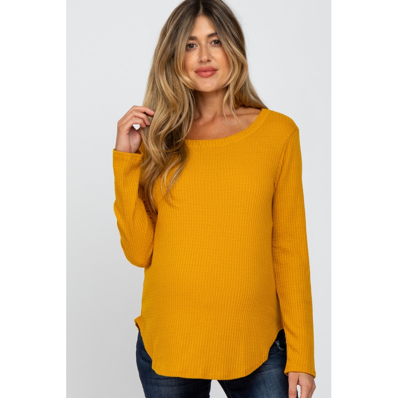 Yellow Basic Waffle Knit Maternity Long Sleeve Top