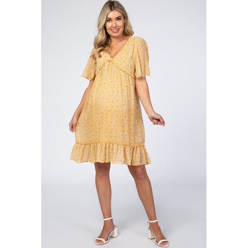 Yellow Floral Chiffon Ruffle Maternity Dress