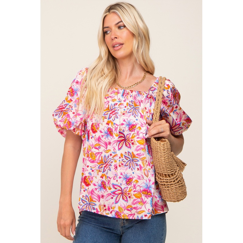 Beige Floral Satin Smocked Accent Blouse