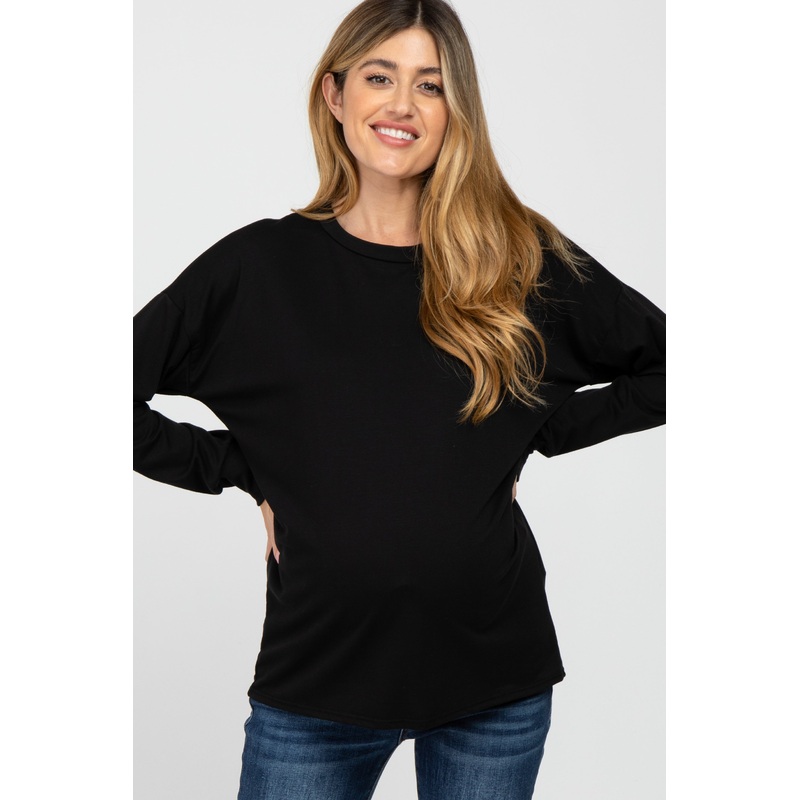 Black Basic Drop Shoulder Long Sleeve Maternity Top