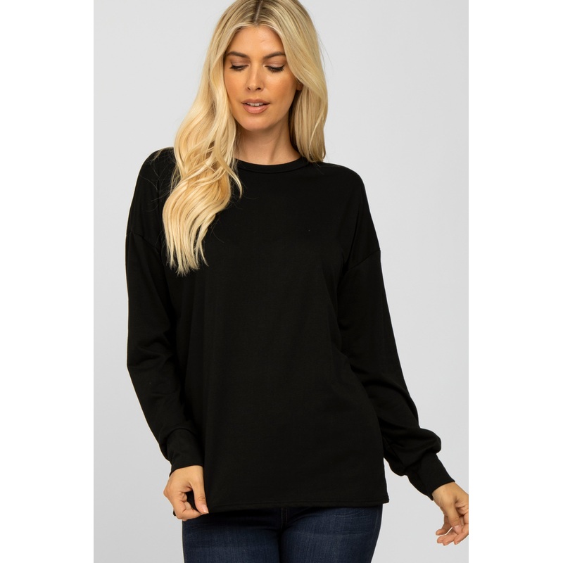 Black Basic Drop Shoulder Long Sleeve Top