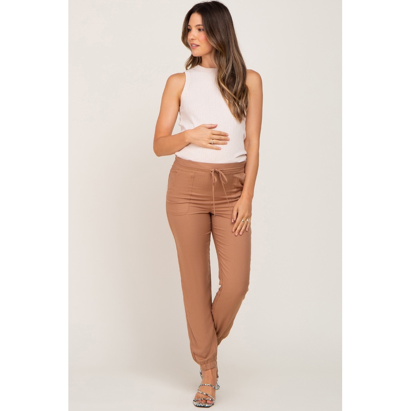 Camel Drawstring Tapered Jogger Maternity Pants